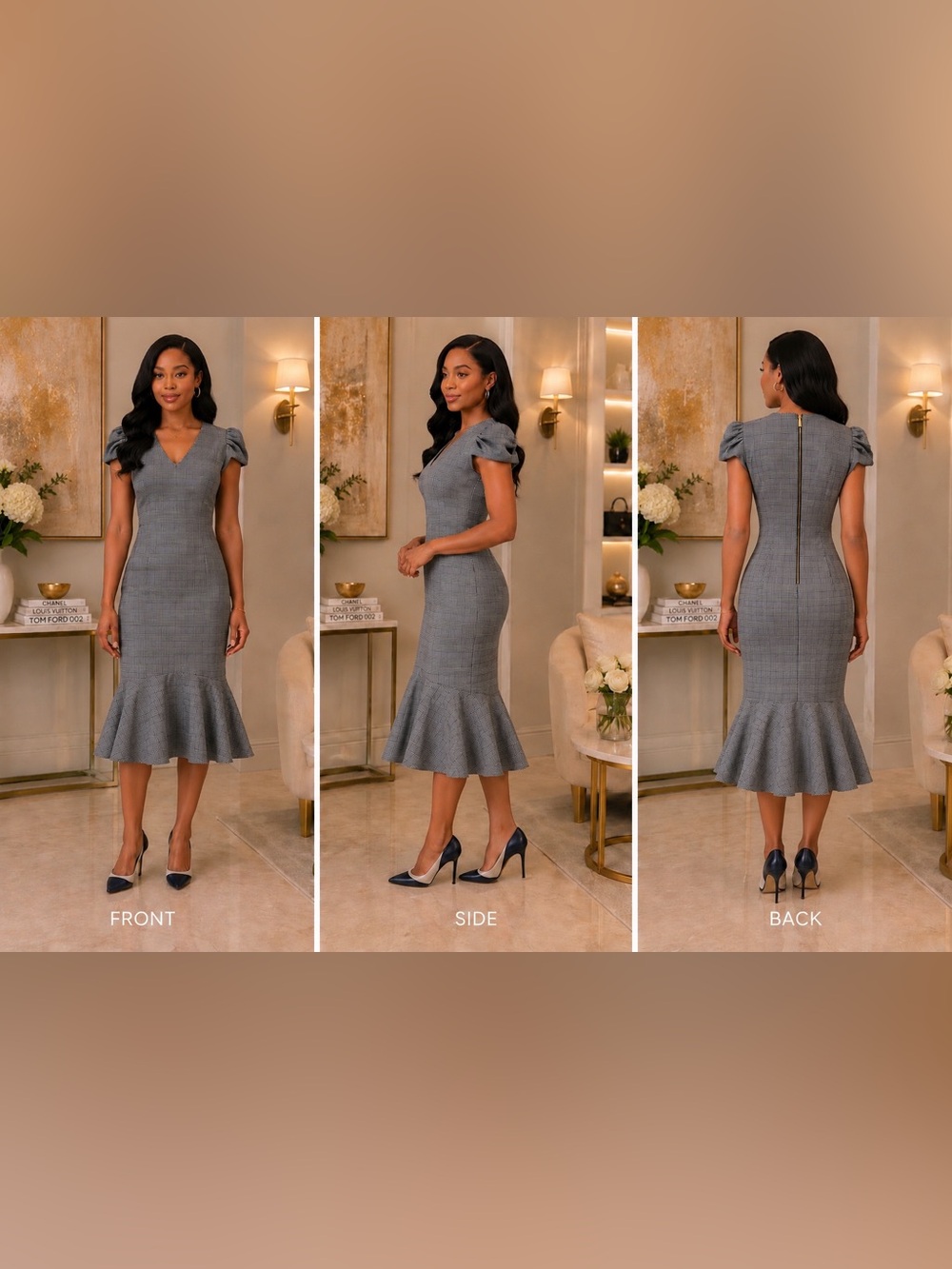 Calvin Klein Gray Plaid V-Neck Midi Dress with Flounced Hem